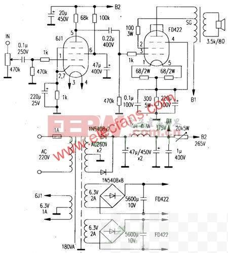 甲类单端胆管FD422制作212W功放电路图